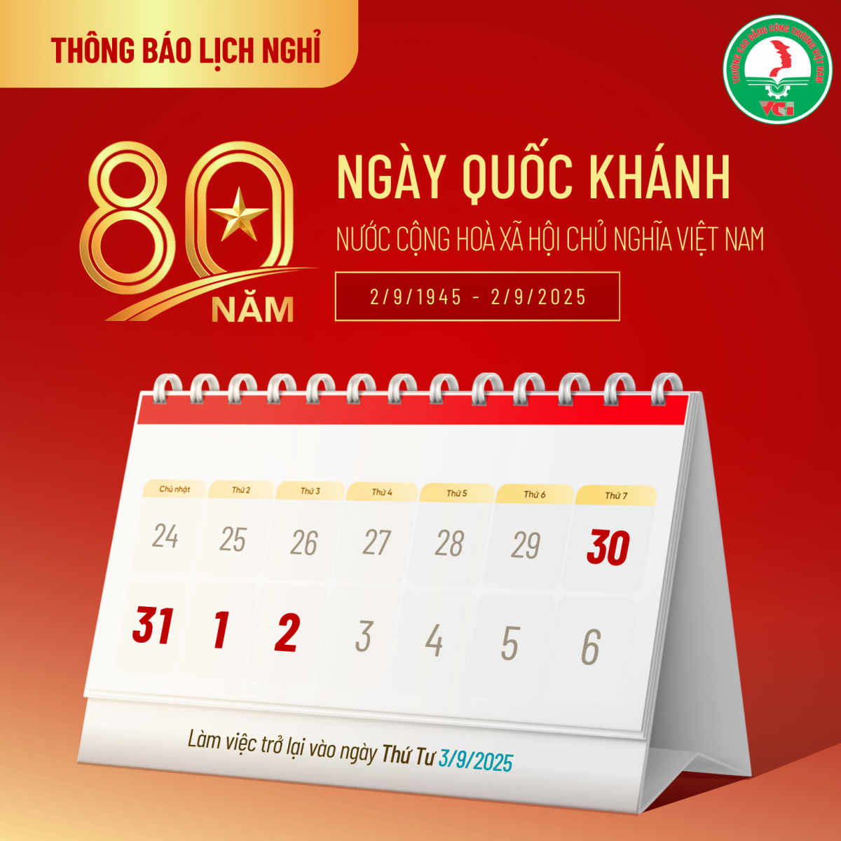 THÔNG BÁO NGHỈ LỄ QUỐC KHÁNH 02/9/2025