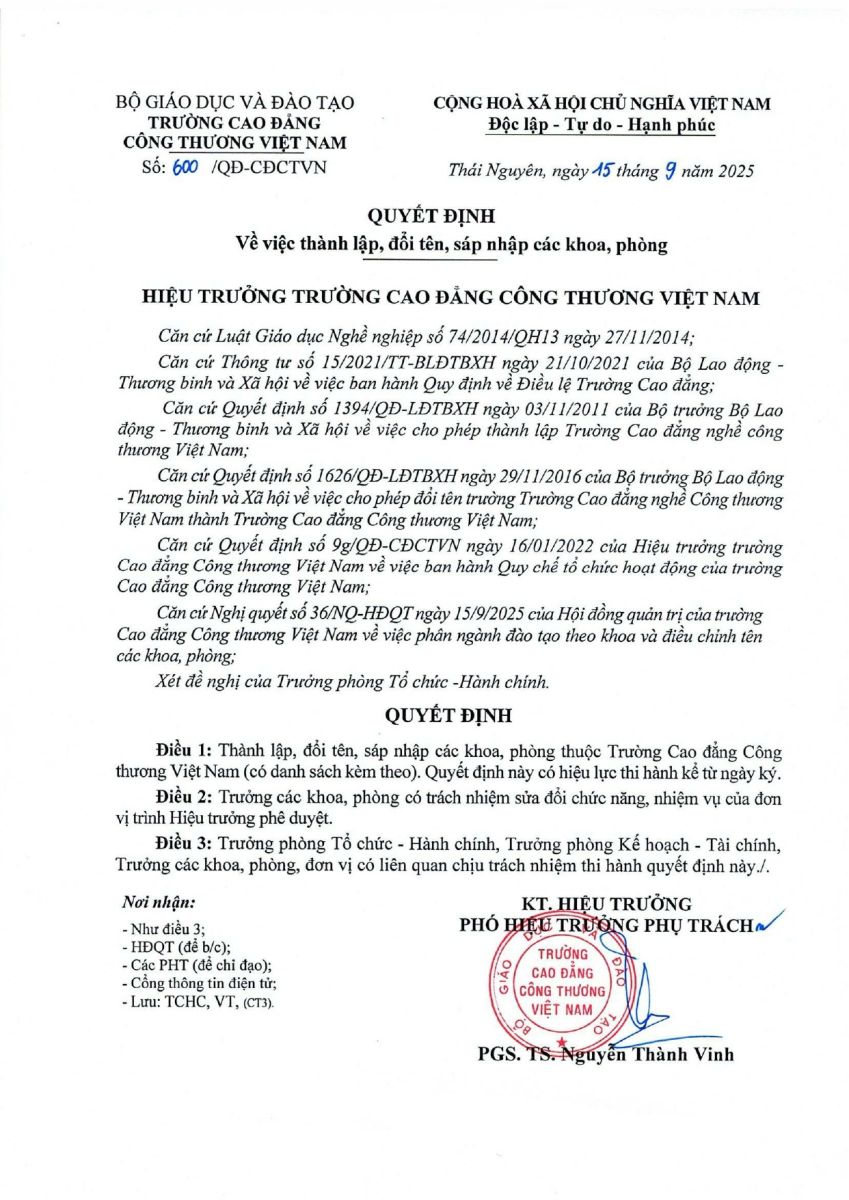 TRƯỜNG CAO ĐẲNG CÔNG THƯƠNG VIỆT NAM BAN HÀNH QUYẾT ĐỊNH THÀNH LẬP, ĐỔI TÊN, SÁP NHẬP CÁC KHOA, PHÒNG